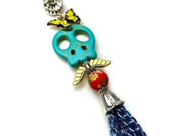 Long Skull Butterfly Necklace, Day of the Dead Jewelry, Fun and Funky Mexican Folk Art