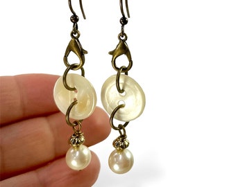 Vintage Mother of Pearl Button Dangle Earrings, Steampunk Jewelry, Upcycled, Repurposed