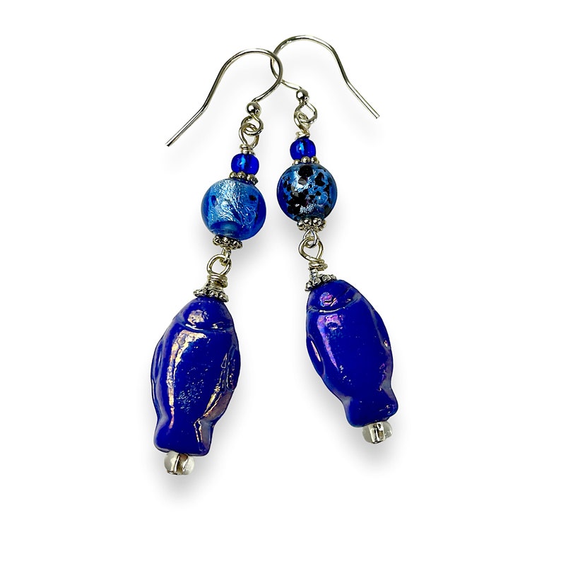 blue fish bead dangle earrings