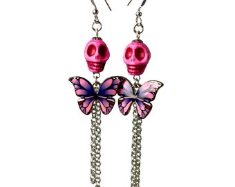 Pink Purple Butterfly Skull Earrings, Day of the Dead  Sugar Skull Jewelry