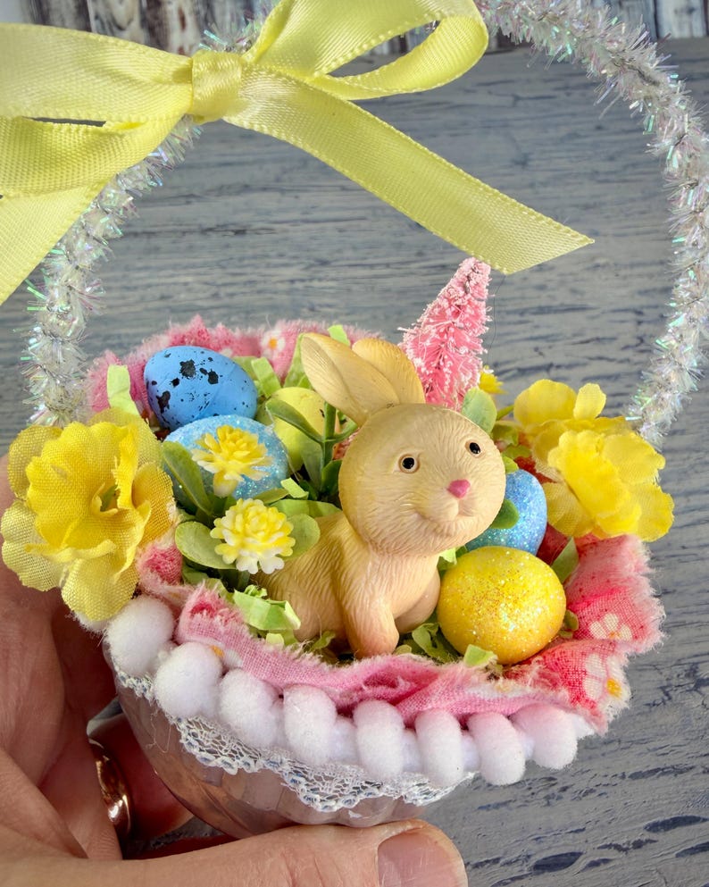 Vintage Inspired Easter Decor, Basket Ornaments with Bunnies in Pastel Colors image 5