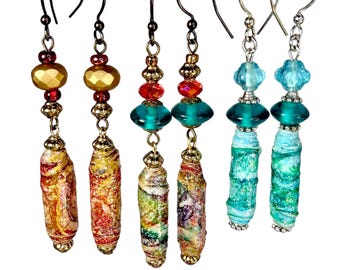 Handcrafted Upcycled Bead Earrings, Colorful Lightweight Eco-Chic Jewelry, Artisan Wearable Art