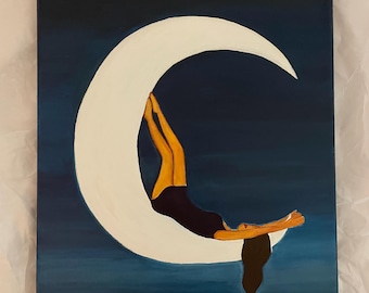 12:13 AM, acrylic painting of a woman in the moon, wall art, pensive woman, blue background, single canvas