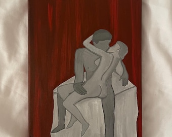 Romantic painting inspired by Rodin's The Kiss, artwork, unique canvas, decoration, love