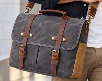 Bolso messenger hombre gris de lona encerada y cuero genuino, bolsa portátil 15,6 pulgadas, bandolera vintage para trabajo, oficina y viaje