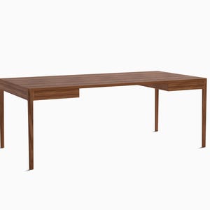 Pode incluir: Uma escrivaninha de madeira castanho escura com duas gavetas e uma superfície retangular. A escrivaninha tem um design simples e moderno com linhas retas e uma estética minimalista.