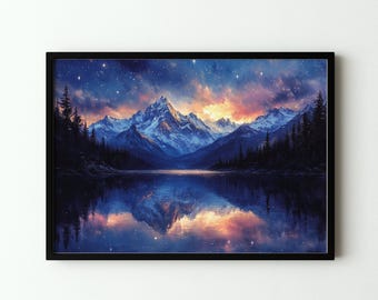 Starry Night Art Print: Digital Painting Mountain Landscape, Cosmic Wall Decor