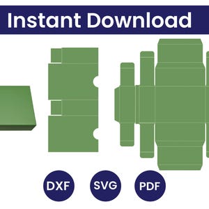 Puede incluir: Diseño de caja verde con tapa corredera, junto con plantillas de caja desplegadas. La imagen incluye el texto "Instant Download" e iconos para los formatos de archivo DXF, SVG y PDF. Ideal para proyectos de manualidades.