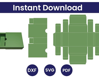 May include: Green box design with a sliding lid, alongside unfolded box templates. The image includes the text "Instant Download" and icons for DXF, SVG, and PDF file formats. Ideal for crafting projects.