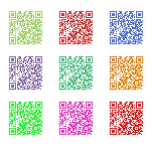 May include: Nine different colored QR codes, each with a unique pattern. The colors are green, red, purple, teal, orange, pink, and red.