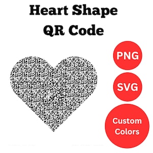 May include: A heart-shaped QR code in black and white, with the text "Heart Shape QR Code" above it. Three red circles on the right say "PNG", "SVG", and "Custom Colors".