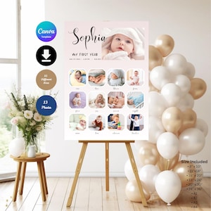 Letrero de primer cumpleaños, collage de fotos de bebé, póster imprimible de primer año, plantilla de Canva con estadísticas del bebé, marco de fotos minimalista