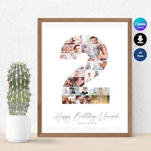 Birthday Number 2 Photo Collage, Birthday gift, Editable 2nd Birthday Photo Poster Template, Second Birthday Milestone, Canva Template