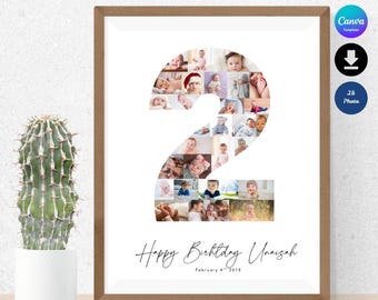 Zweiter Geburtstag Fotocollage Vorlage, Nummer 2 Meilenstein (Canva Template)
