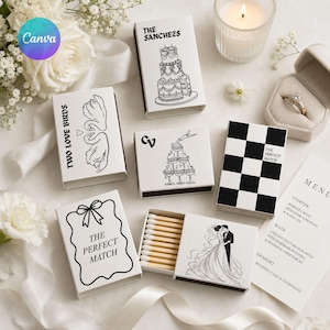 May include: A collection of white matchboxes with black illustrations and text. Designs include a wedding cake, swans, a bride and groom, and the text "THE PERFECT MATCH". A lit candle and a wedding ring are also visible.