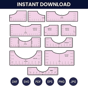 May include: A digital download graphic with pink templates for sewing patterns, including sizes for baby, toddler, youth, and adult backs. The image includes the text "INSTANT DOWNLOAD" and file type icons: DXF, SVG, PDF, EPS, PNG, and JPG.