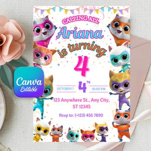 Girl Super Kitties Birthday Invitation: Editable Cat Party Template (Digital Download)