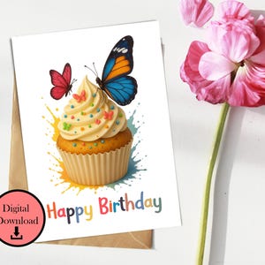 Cartão de aniversário em aquarela para impressão, download instantâneo, cartão de felicitações de aniversário, cartão de aniversário em borboleta, cartão de feliz aniversário, download digital