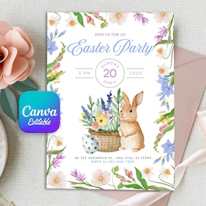 Floral Easter Party Invitation: Editable Kids Invite (Canva Template)