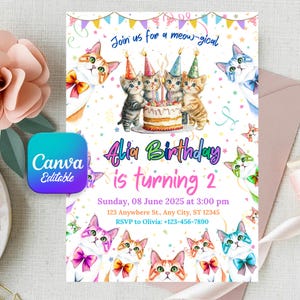 Editable Cat Birthday Invitation, Cat Theme Birthday Invitation, Are You Kitten Me Birthday, Paw-ty Birthday Invite, Canva Edit, Digital