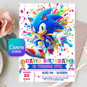 Faire-part d'anniversaire Sonic, Super Sonic faire-part de fête, Super hérisson Boys Party inviter, modèle d'invitation Sonic modifiable, modèle Canva