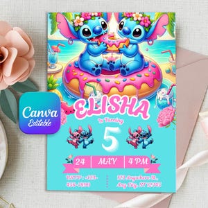 Stitch Birthday Invitation, Printable Lilo and Stitch Invitation, Kids Stitch Angel Birthday Invite, Aloha Stitch Birthday, Canva Template