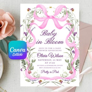 Pink Bow Baby Shower Invitation Template Printable, Baby Girl, Pink Coquette Baby Shower Invite, Baby Shower Invitation Girl Coquette Bow
