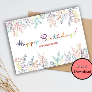 Cartão de aniversário para imprimir, cartão de aniversário floral, cartão de aniversário com flores para imprimir em casa, cartão de aniversário, cartão de feliz aniversário para ela, download digital