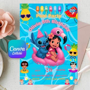 Bearbeitbare Stitch Lilo Geburtstagseinladung Mädchen Rosa Poolparty Regenbogen EDITIERBARE druckbare Canva Vorlage Sofortiger Download digitale Vorlage