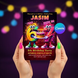 May include: A birthday party invitation featuring the name "JASIM" at the top. The invitation has cartoon figures of the numbers 6 and 7 holding a cake. The text reads "5th Birthday Party" with the date, time, and location.