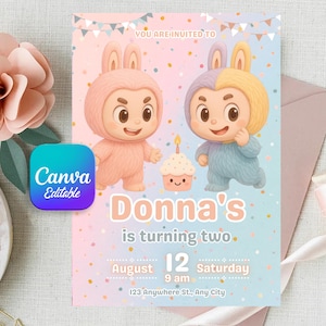 Labubu Birthday Invitation: Editable Canva Template (PDF, JPG, PNG Downloadable Options)