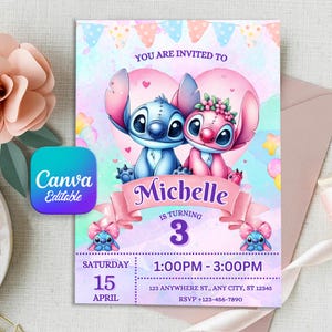 Stitch Editable Birthday Invitation Template, Printable Birthday Party Invitations, Digital Kids Party Invite Digital Bday Card Invite Canva