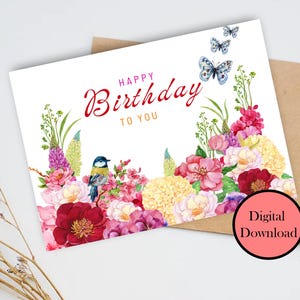 Happy Birthday Card, Digital Download, Floral Birthday, Bright Flowers, Printable Card, Sizes(7x5), Digital Download, Instant, PDF, Canva