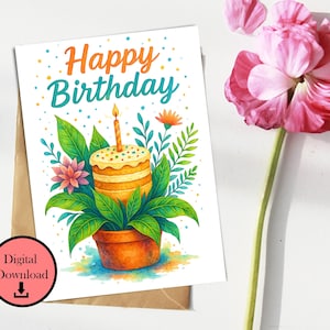 Cartão de aniversário para impressão, download instantâneo, cartão de felicitações de aniversário, cartão de feliz aniversário, download digital de aniversário, desejo de aniversário para amantes de plantas