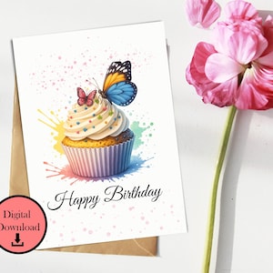 Carte d'anniversaire imprimable, téléchargement immédiat, carte de voeux d'anniversaire, carte d'anniversaire papillon, pour elle, carte de joyeux anniversaire, téléchargement numérique