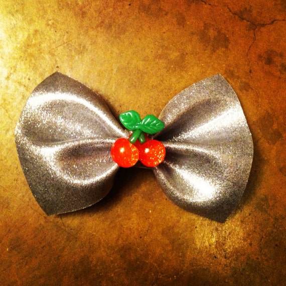 Items similar to Silver glitter vinyl hair bow with sparkly cherry on Etsy