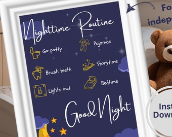 Back to School Kids Bedtime Routine Chart Printable Nighttime Checklist Visual Schedule for Independence Planner for ADHD Toddler Bedtime