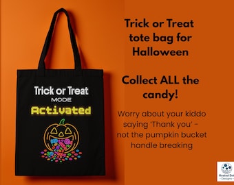 Kids Halloween Tote Bag, Trick or Treat Bag, Pumpkin Canvas Bag, Gamer Halloween Candy Tote, Neon Trick-or-Treat Mode, Halloween Candy Bag