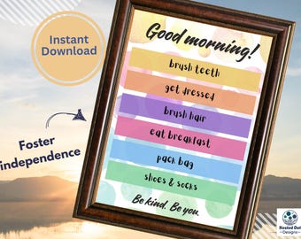 Back to School Kids Morning Routine Chart Printable Daily Checklist Visual Schedule for Independence Planner for ADHD Before School Rainbow