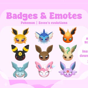 Puede incluir: Una impresión de arte digital que presenta nueve insignias y emoticonos coloridos de las evoluciones de Eevee de la serie Pokémon. Las insignias son de varios colores, incluyendo amarillo, azul, naranja y rosa, con el texto "Badges & Emotes" en la parte superior.