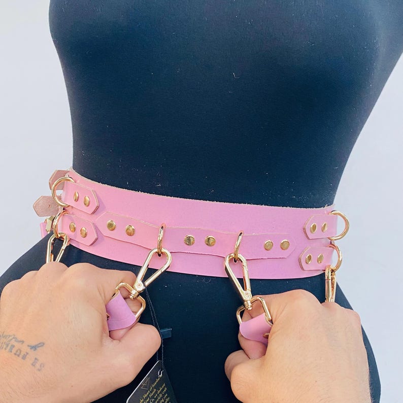 Rear Entry Support Belt Adjustable Leather Harness Belt with Cuffs – 4x Connector – Handmade image 9