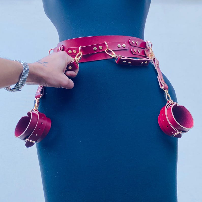 Rear Entry Support Belt Adjustable Leather Harness Belt with Cuffs – 4x Connector – Handmade image 15