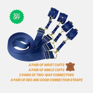 Self Bondage - Bed Restraint Cowhide 10 Pcs Wrist Cuffs, Ankle Cuffs, Bed Restraint Straps & Bondage Connector – 8 Leather Colors