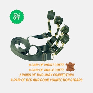 Self Bondage  Bed Restraint Cowhide 10 Pcs Wrist and Ankle Cuffs, Bed Restraint Straps & Bondage Connector – 8 Leather Colors, 2 Accessories