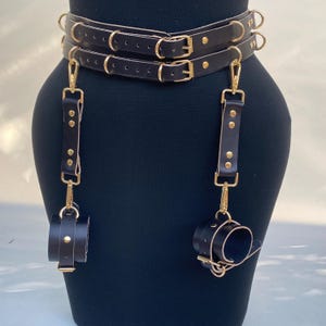 Rear Entry Support Belt Adjustable Leather Harness Belt with Cuffs – 4x Connector – Handmade image 13