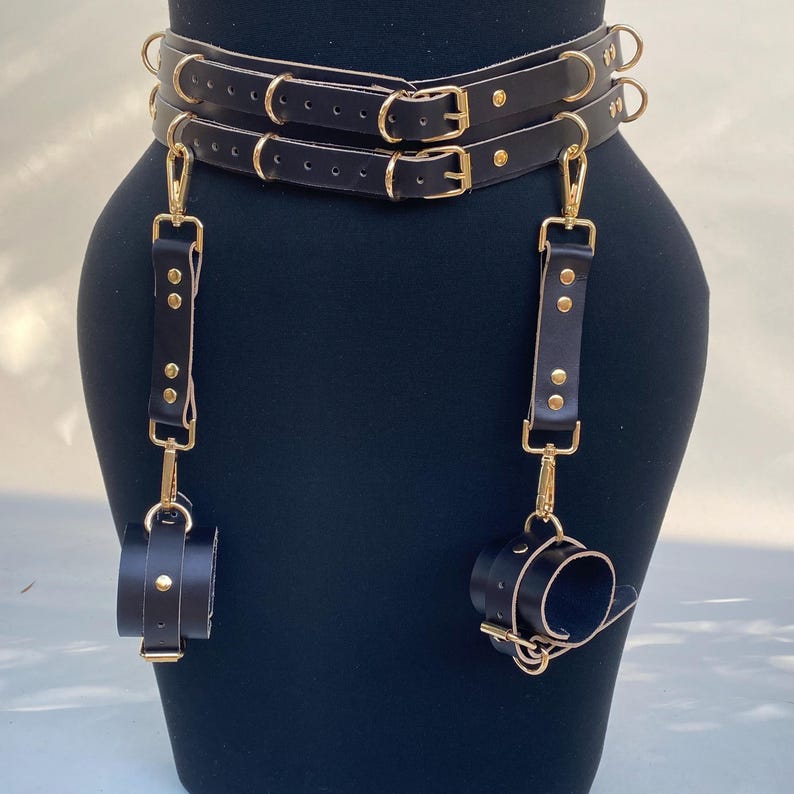 Rear Entry Support Belt Adjustable Leather Harness Belt with Cuffs – 4x Connector – Handmade image 13