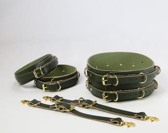 Conjunto de cinturón y puños para muslos de cuero genuino