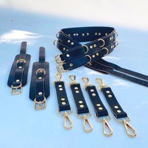 May include: Black leather harness set with gold-colored hardware. The set includes a belt, wrist cuffs, and multiple straps with snap hooks. The leather is a deep black, and the metal accents provide a contrast.