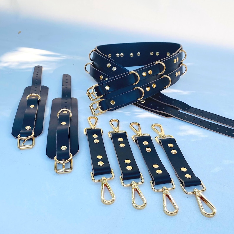 May include: Black leather harness set with gold-colored hardware. The set includes a belt, wrist cuffs, and multiple straps with snap hooks. The leather is a deep black, and the metal accents provide a contrast.