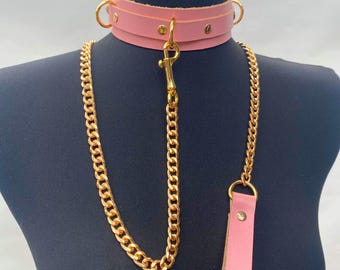 Pink Cowhide Leather Collar with Gold Chain Leash